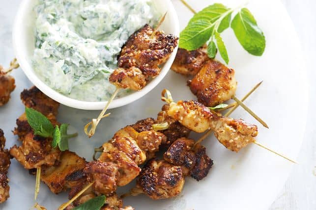 tzatziki with spiced chicken skewers